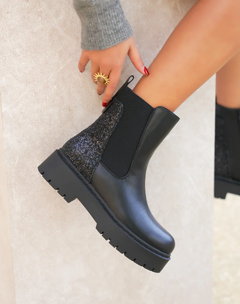 Bottines femme noires tendance style Chelsea avec paillettes arrière et semelle crantée