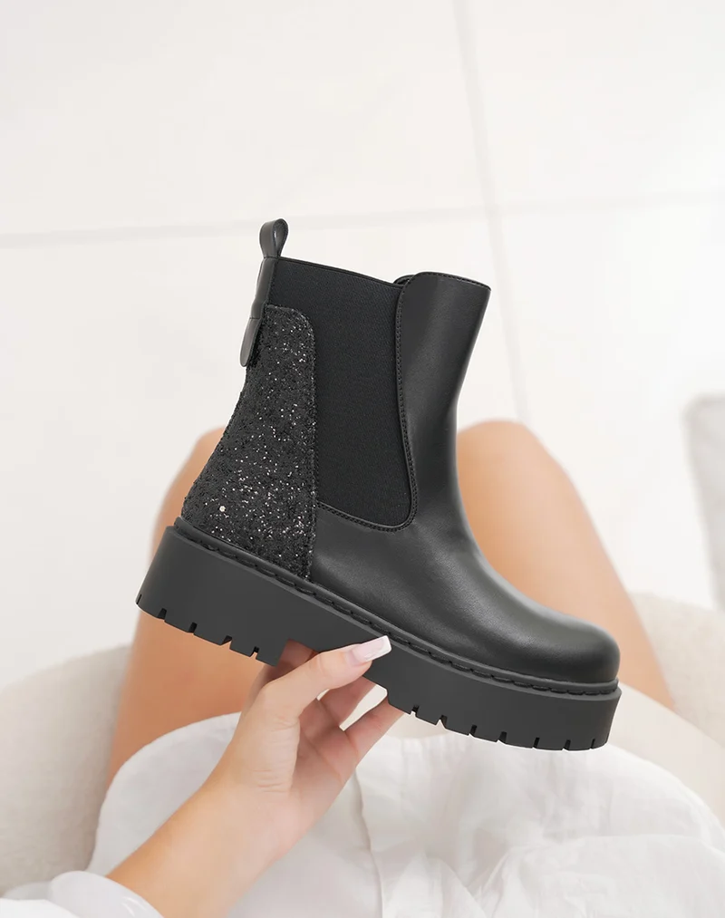 Bottines femme noires tendance style Chelsea avec paillettes arrière et semelle crantée
