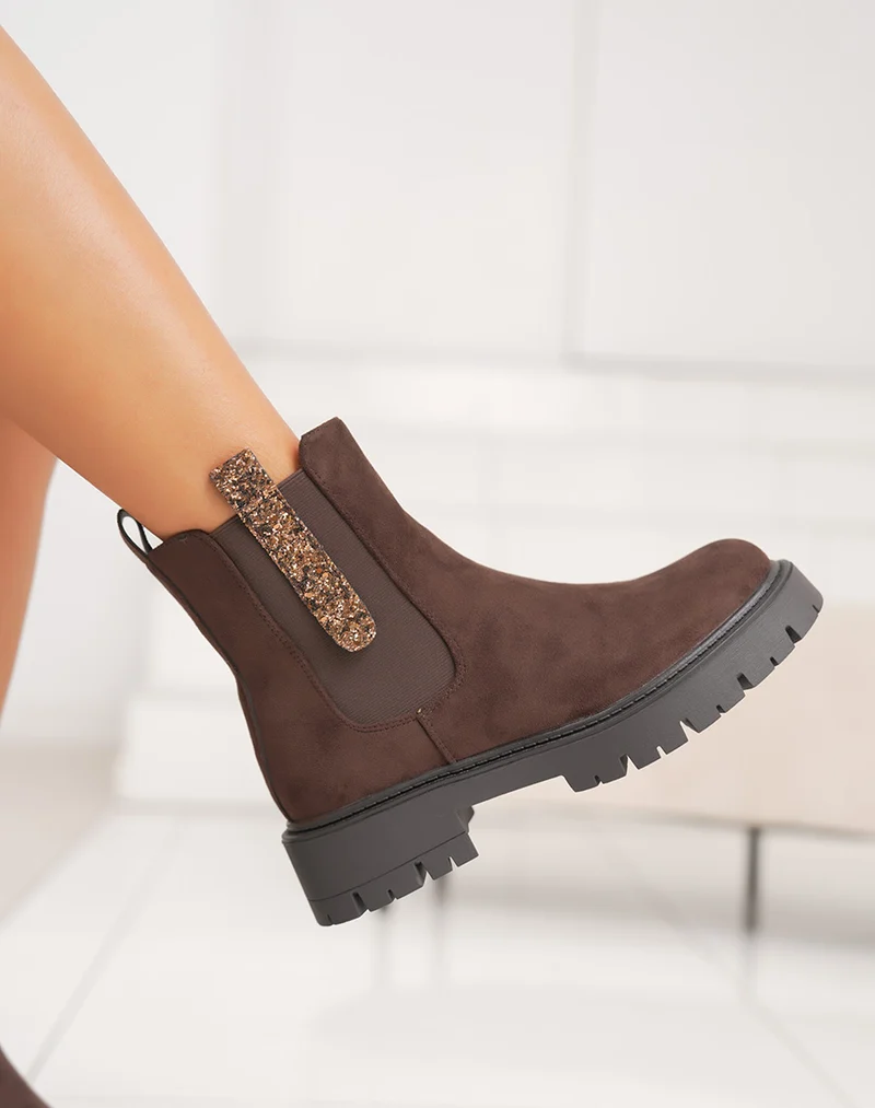 Bottines femme marron en suédine style Chelsea avec paillettes et semelle crantée