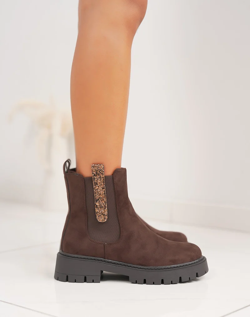 Bottines femme marron en suédine style Chelsea avec paillettes et semelle crantée