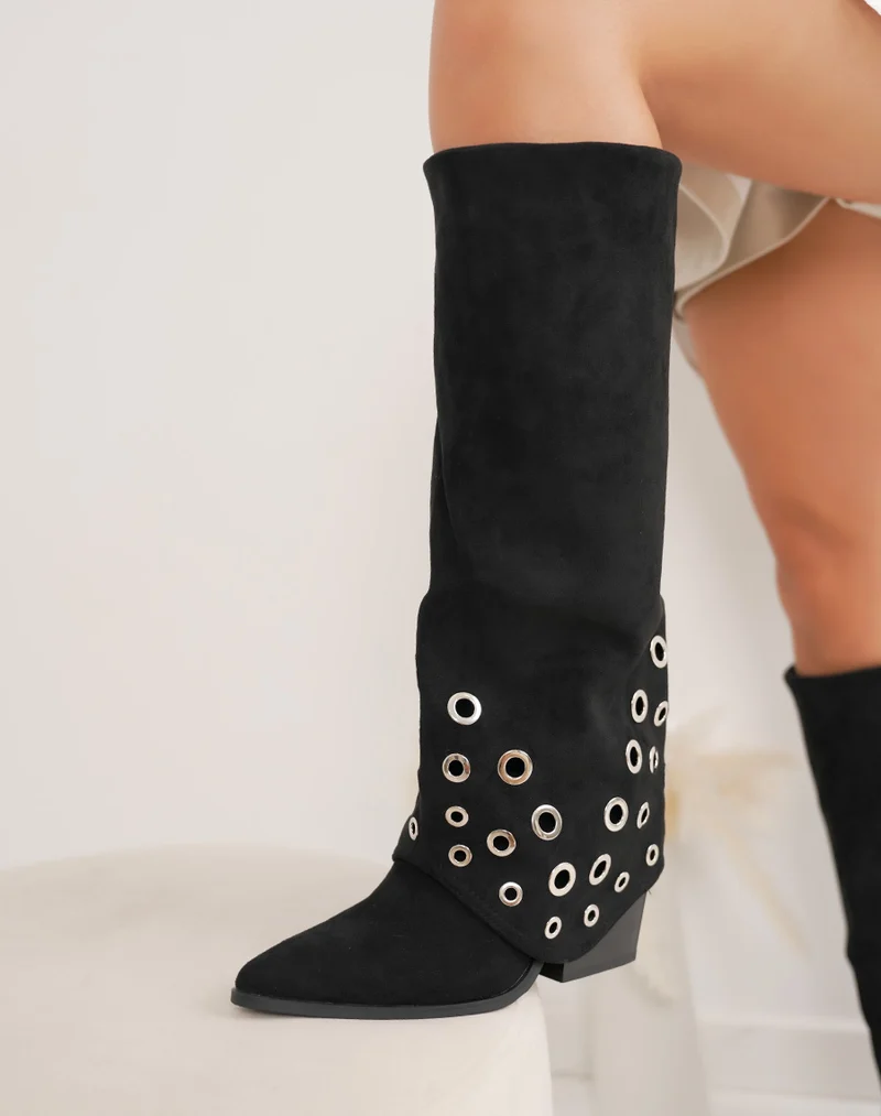 Bottes femme noires élégantes en suédine à talon biseauté avec détails argentés