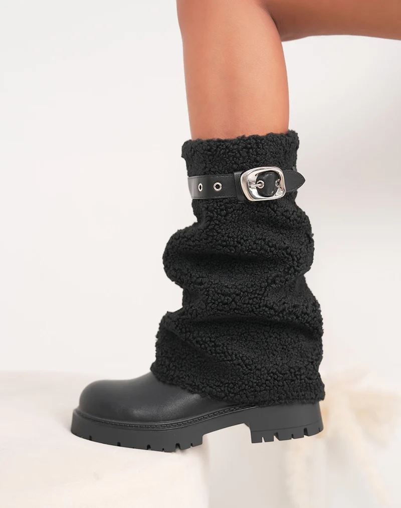 Bottines femme noires tendance à semelle crantée avec tige moumoute amovible