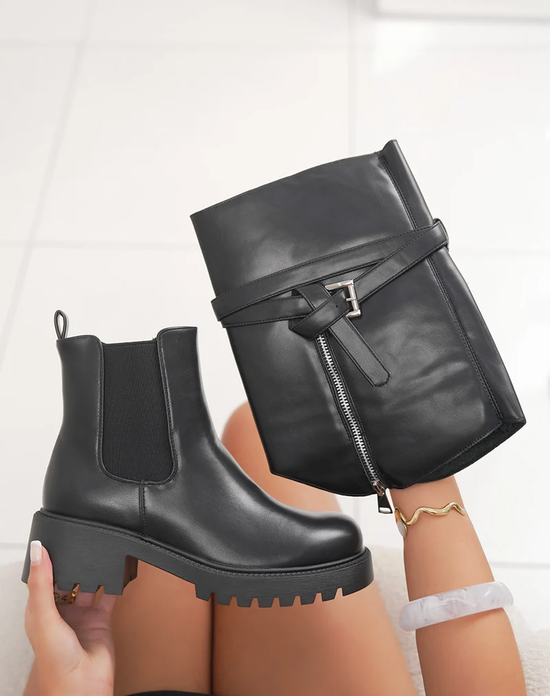 Bottines noires Chelsea fourrées à talon carré – Tige amovible avec lanières argentées