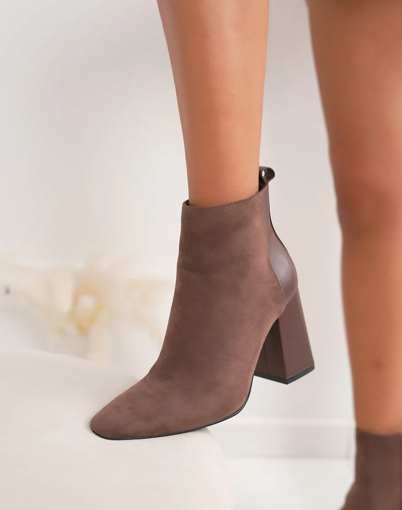 Bottines femme marron chic à talon haut épais et bout pointu en bi-matière