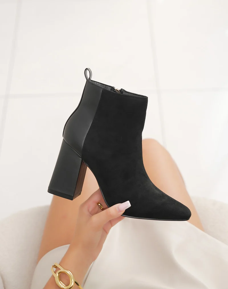 Bottines femme noires élégantes bi-matière à talon haut épais et bout pointu