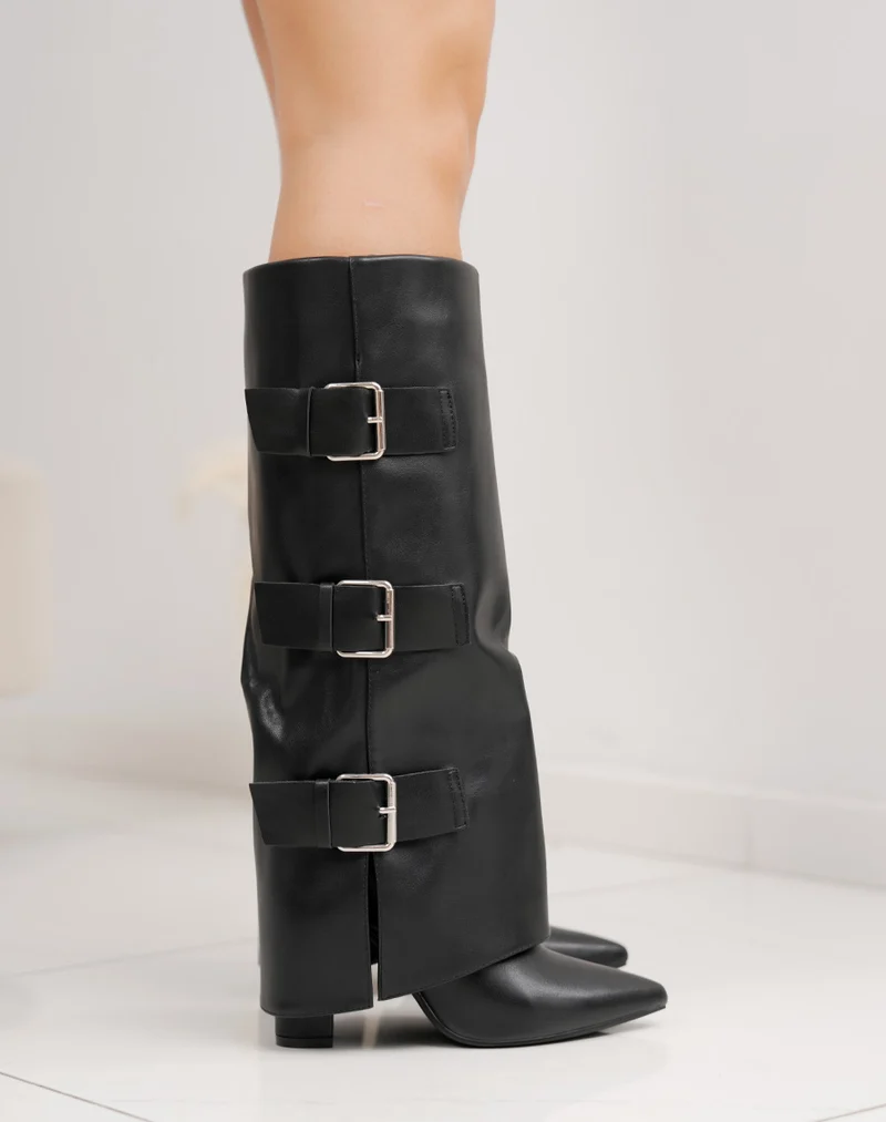 Bottes femme noires à revers avec triple lanière épaisse et talon haut