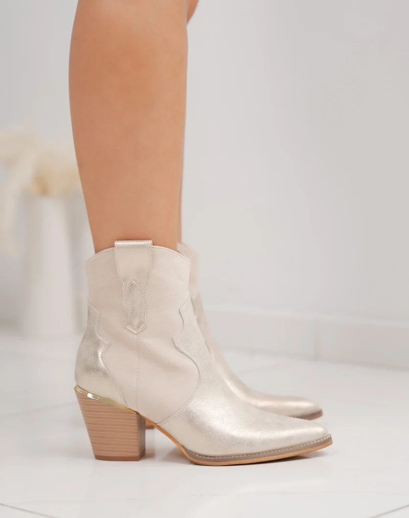 Bottines santiags femme beige et doré à talon biseauté chic