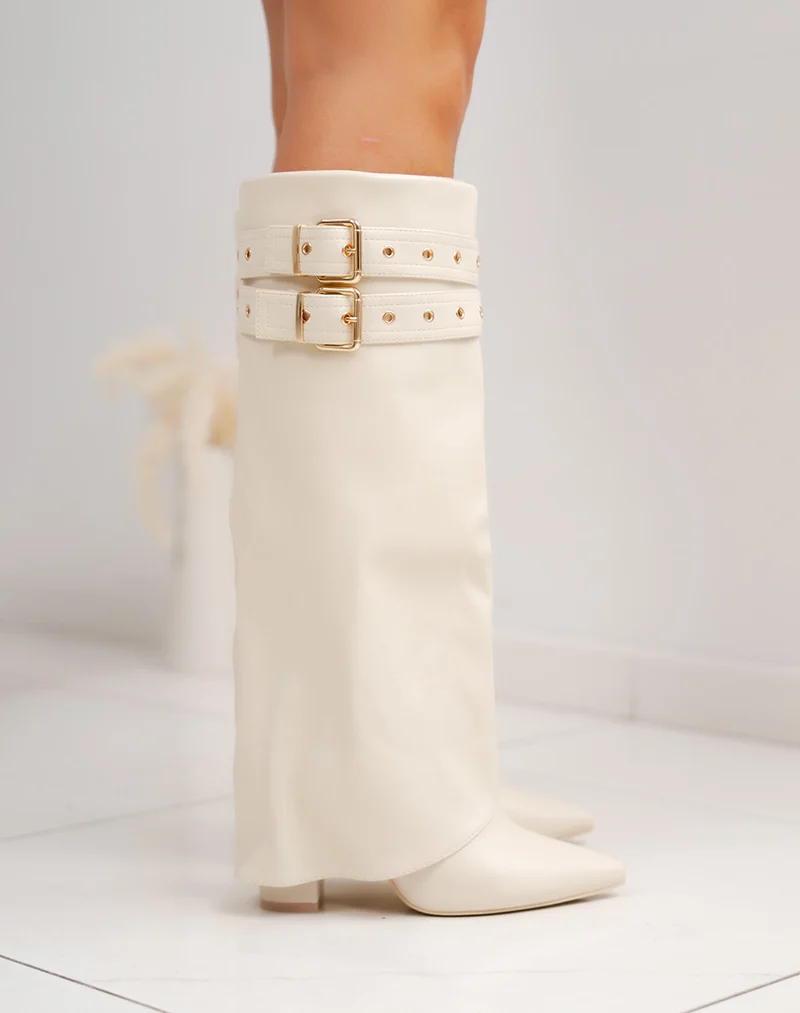 Bottes femme beiges à revers avec double lanière dorée et talon haut 9cm