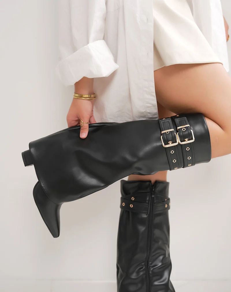 Bottes femme noires à revers avec double lanière dorée et talon haut 9cm