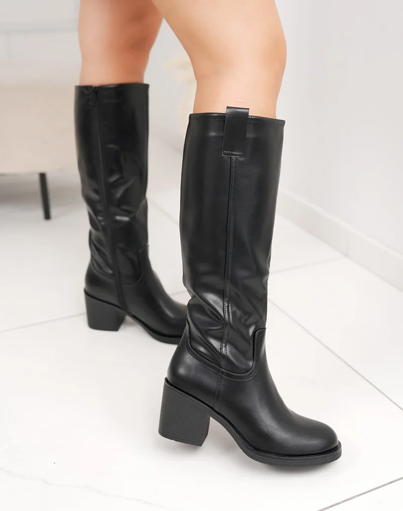 Bottes femme noires à talon carré 8cm élégantes avec couture simple