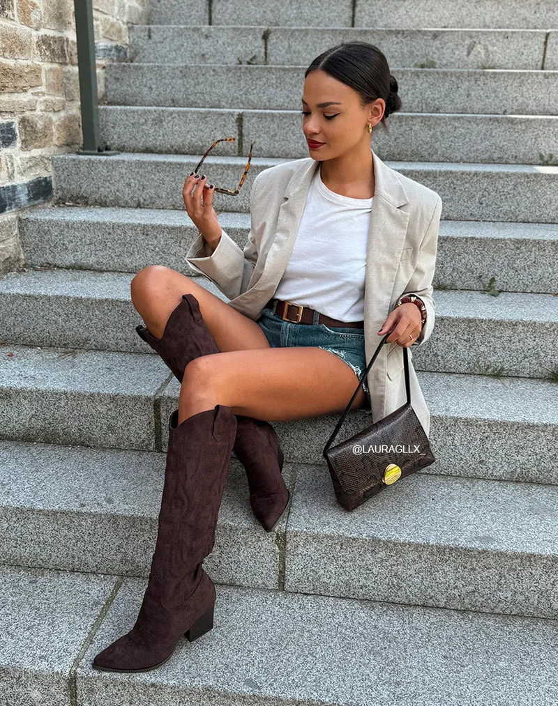 Botte femme marron style santiags en suédine avec talon biseauté et bout pointu