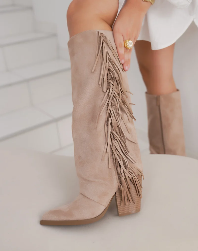Bottes femme taupe tendance en suédine avec franges, talon carré et bout pointu