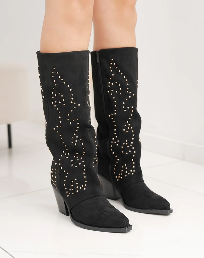 Bottes femme noires style santiags en suédine avec brillants dorés