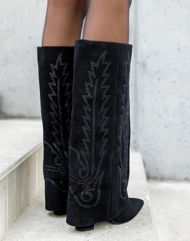 Bottes femme noires style santiags à strass élégantes et bout pointu