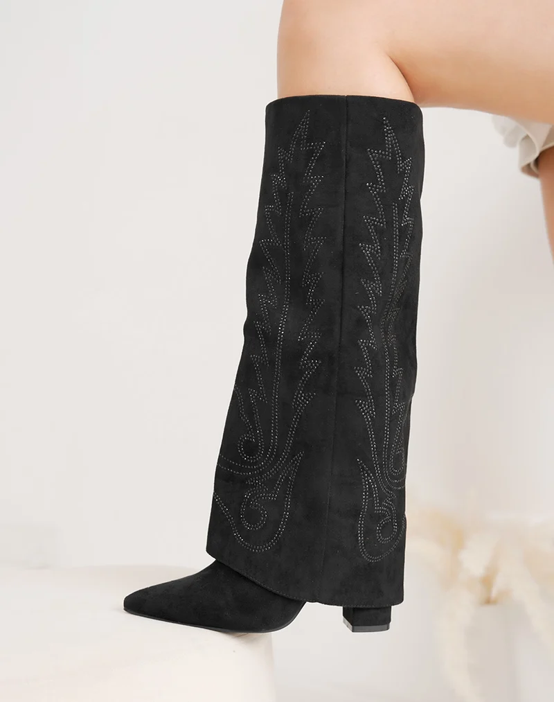 Bottes femme noires style santiags à strass élégantes et bout pointu