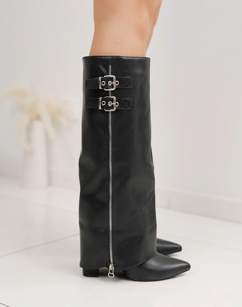 Bottes femme noires à talon 10cm élégantes avec zip argenté et boucles stylées