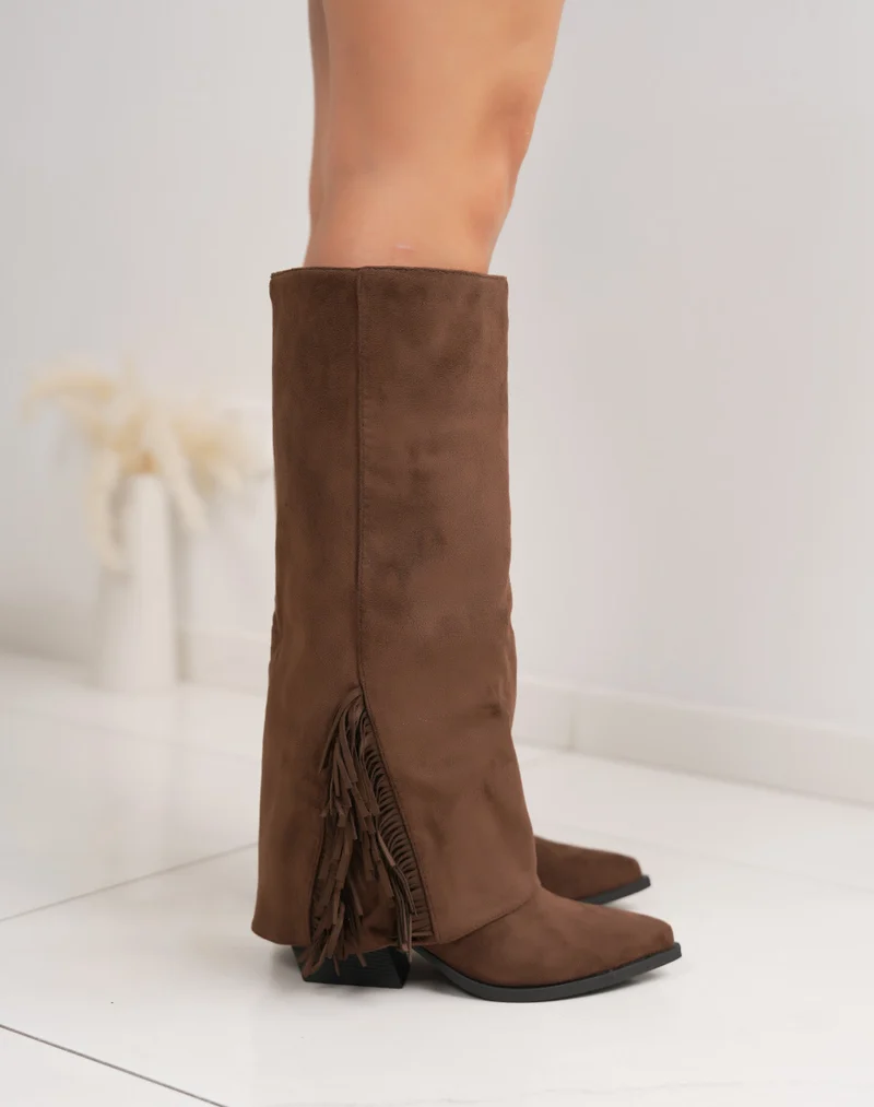 Bottes femme marron en suédine à franges et talon carré 6cm