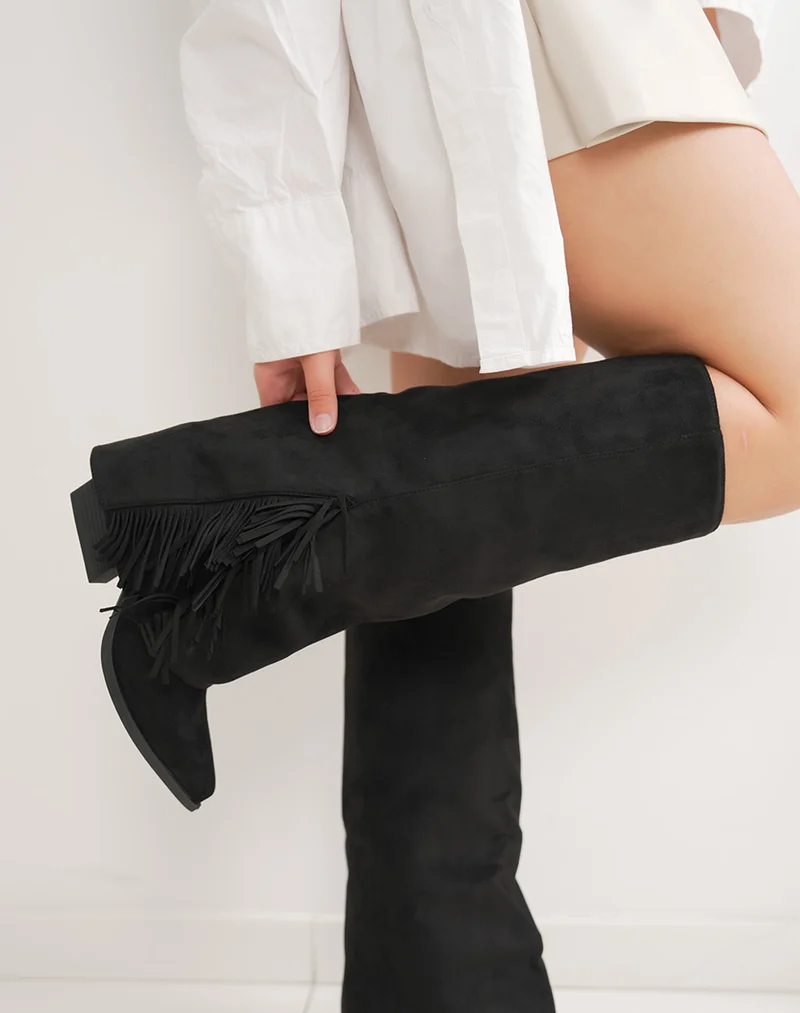 Bottes femme noires en suédine tendance à franges et talon carré 6cm