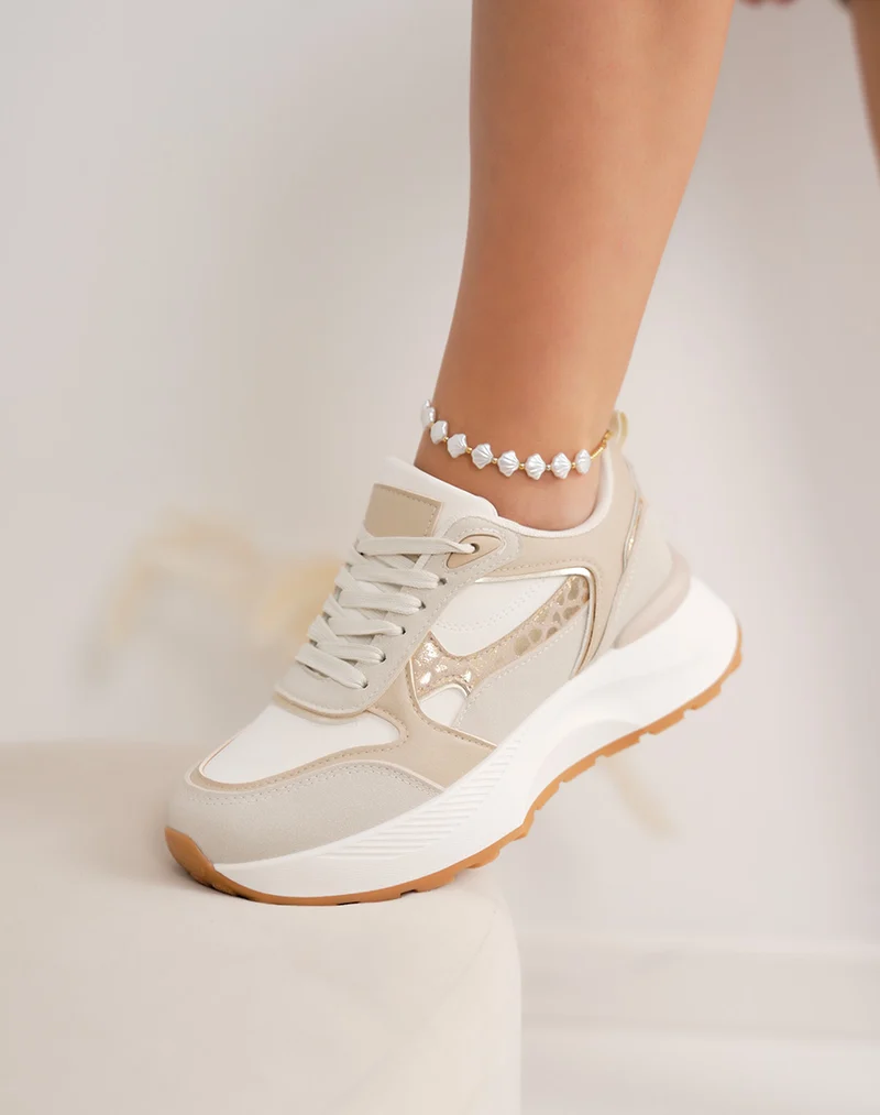Basket femme blanche épaisse élégante avec empiècement beige et léopard brillant