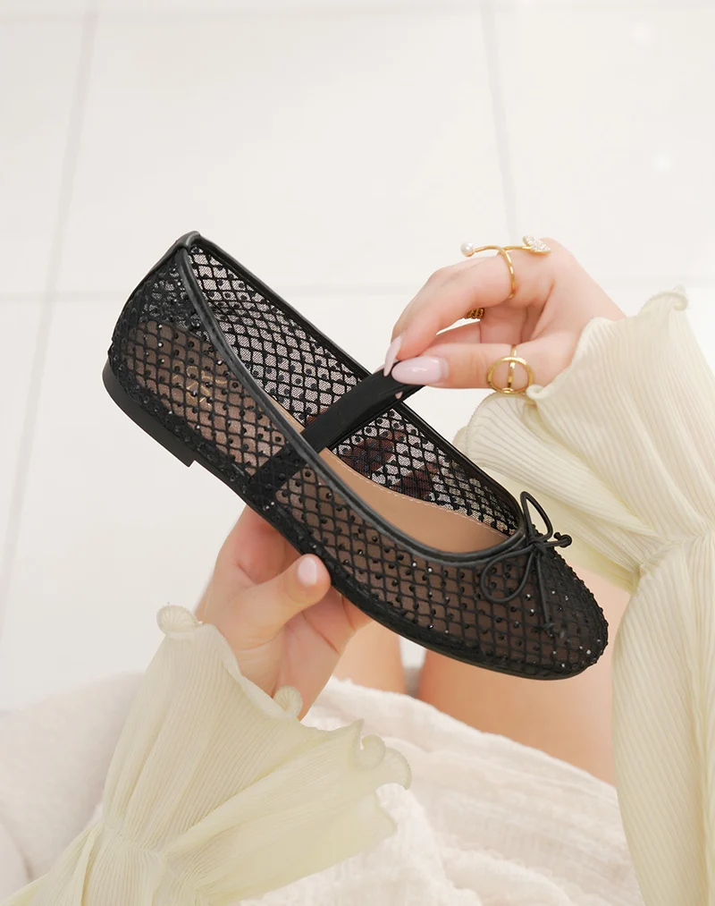 Ballerines femme noires transparentes élégantes à strass avec nœud et lanière fine