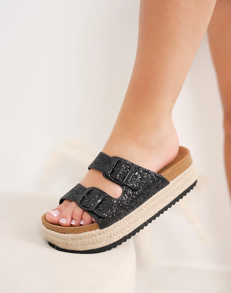 Mules femme noires pailletées FINDLAY à double sangle avec plateforme tressée 4 cm
