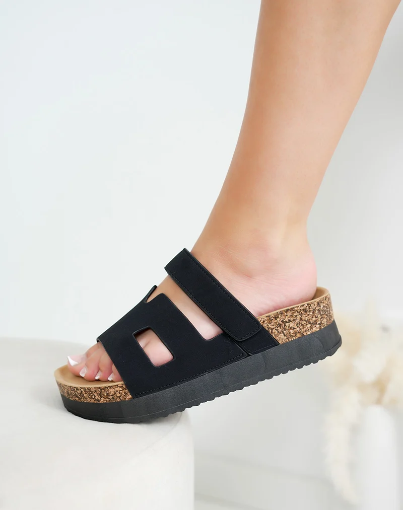 Mules femme noires en suédine à bride H et plateforme confortable
