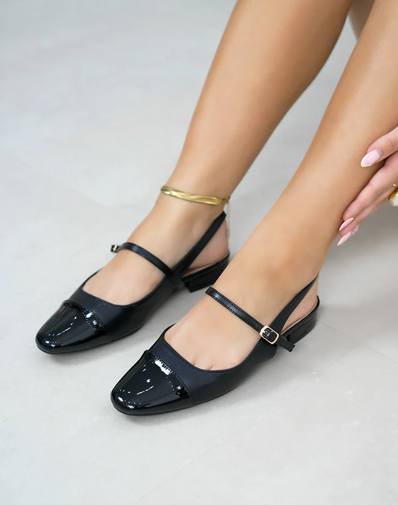 Escarpins femme noirs élégants à bout carré vernis et petit talon