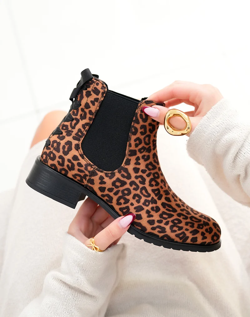 Bottines femme léopard tendance style Chelsea avec nœud à l’arrière