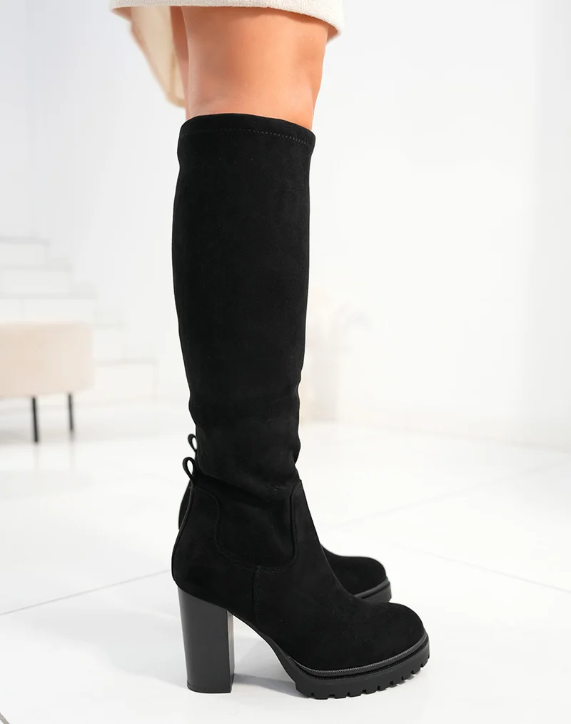 Bottes femme en suédine noires avec talon haut épais et semelle crantée