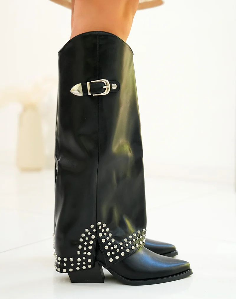 Bottes femme à revers avec clous et boucles argentées