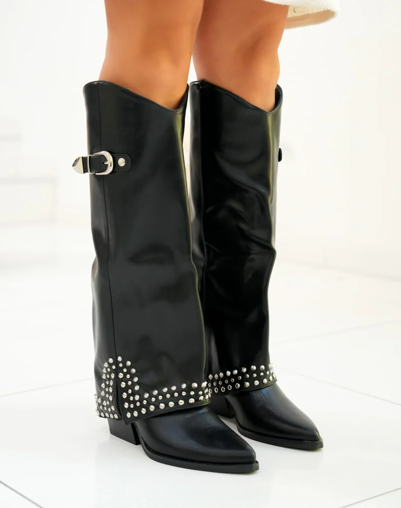 Bottes femme à revers avec clous et boucles argentées