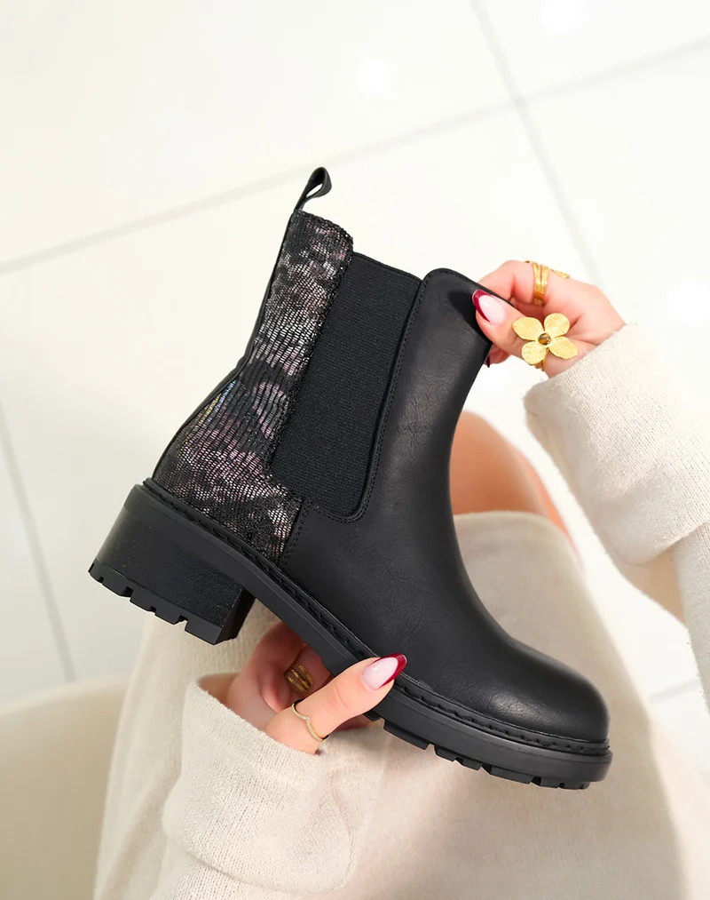 Bottines femme noires bi-matière avec effet crocodile et élastique