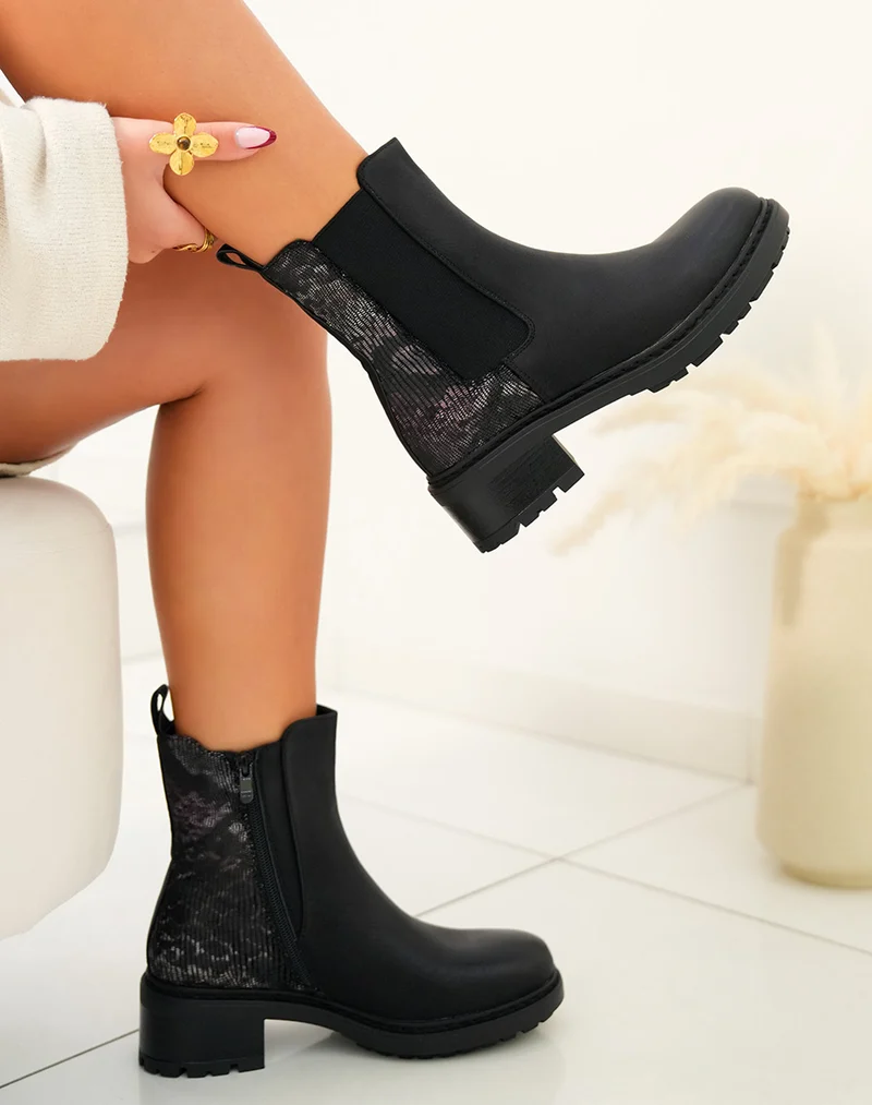 Bottines femme noires bi-matière avec effet crocodile et élastique