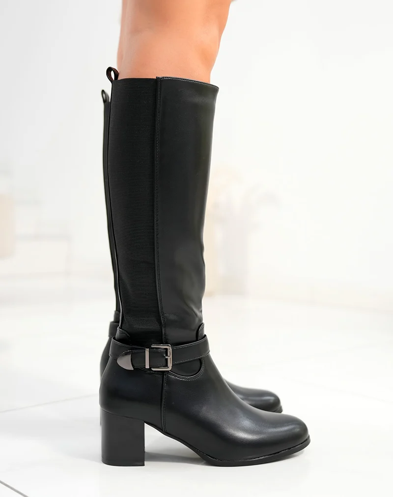 Bottes femme noires avec talon épais moyen et élastique sur la tige