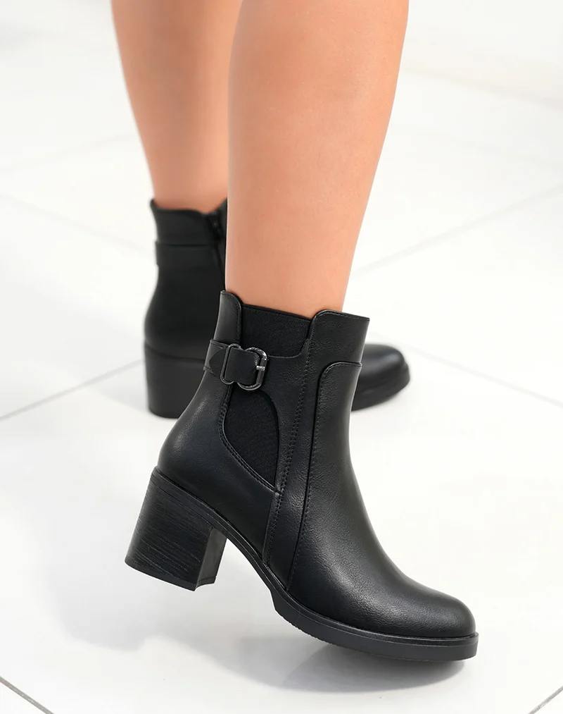 Bottines femme bi-matière noires avec talon épais moyen et sangle argentée