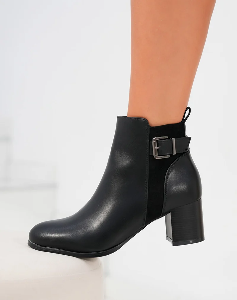Bottines femme bi-matière noires avec talon épais moyen et sangle argentée