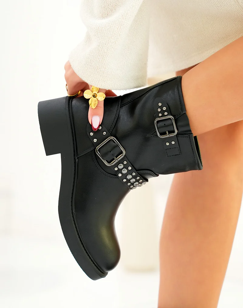 Bottines femme noires avec lanières argentées et petit talon