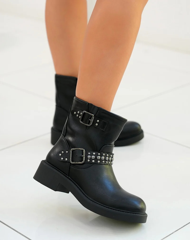 Bottines femme noires avec lanières argentées et petit talon