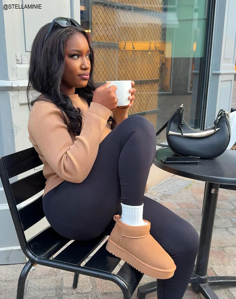 Bottines femme camel en cuir basses à plateforme épaisse fourrées et tendance
