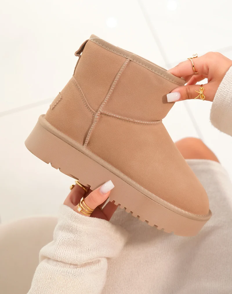Bottines femme taupe mi-hautes en cuir à plateforme épaisse fourrées et tendance