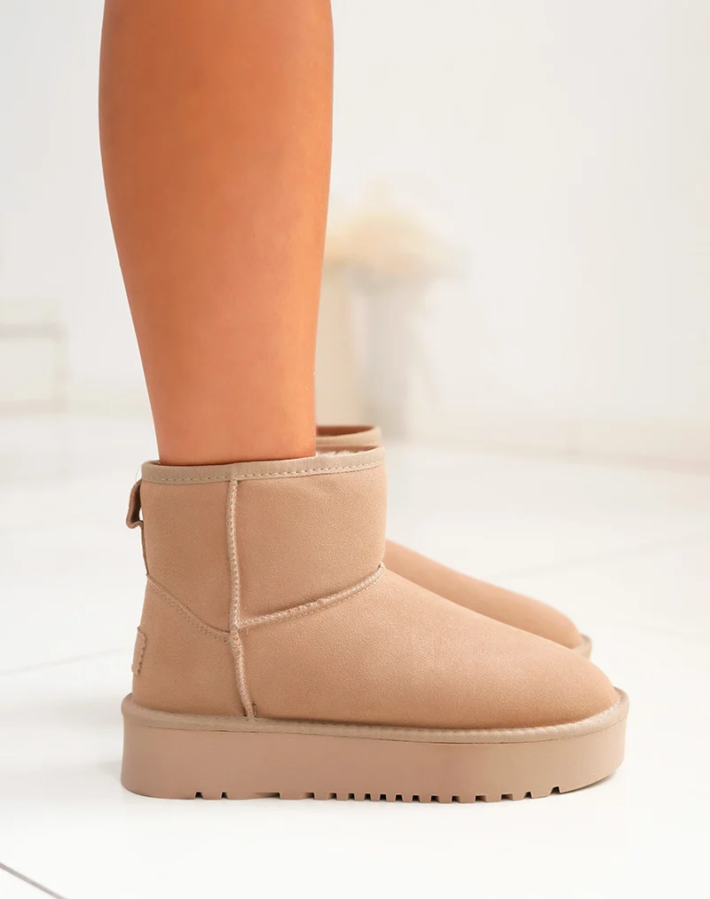 Bottines femme taupe mi-hautes en cuir à plateforme épaisse fourrées et tendance