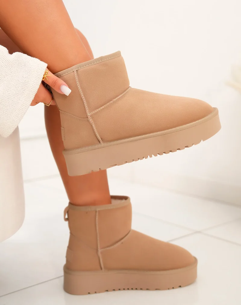 Bottines femme taupe mi-hautes en cuir à plateforme épaisse fourrées et tendance