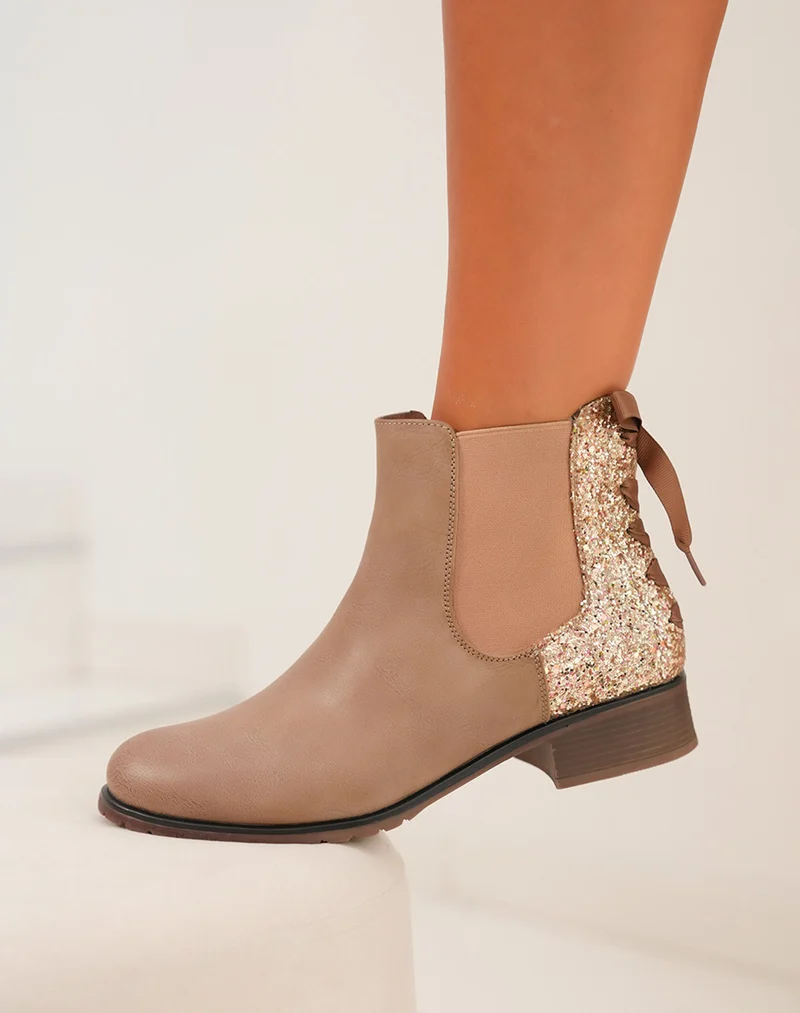 Bottines femme taupe avec empiècement pailleté et nœud décoratif