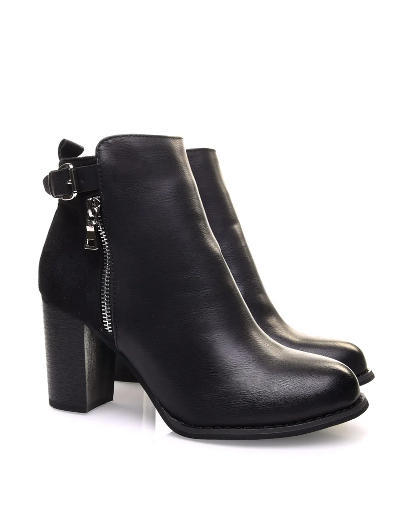 Bottines à talons noires bi matières avec sangle