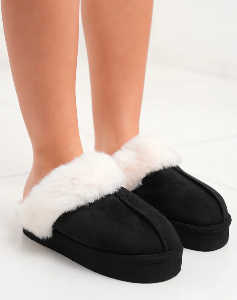 Mules femme noires en suédine fourrées blanches avec plateforme