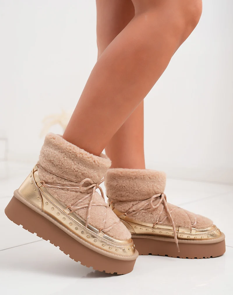 Bottines femme fourrées taupe à lacets avec clous dorés et semelle crantée