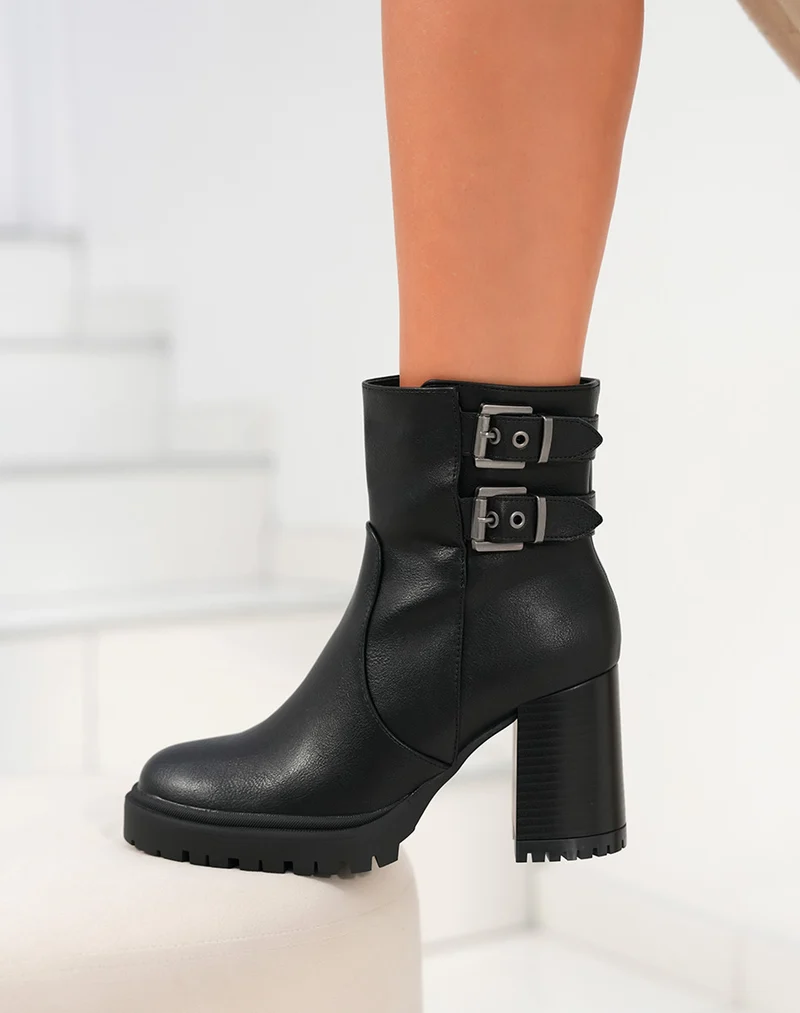 Bottines femme noires avec talon épais et double lanières ajustables