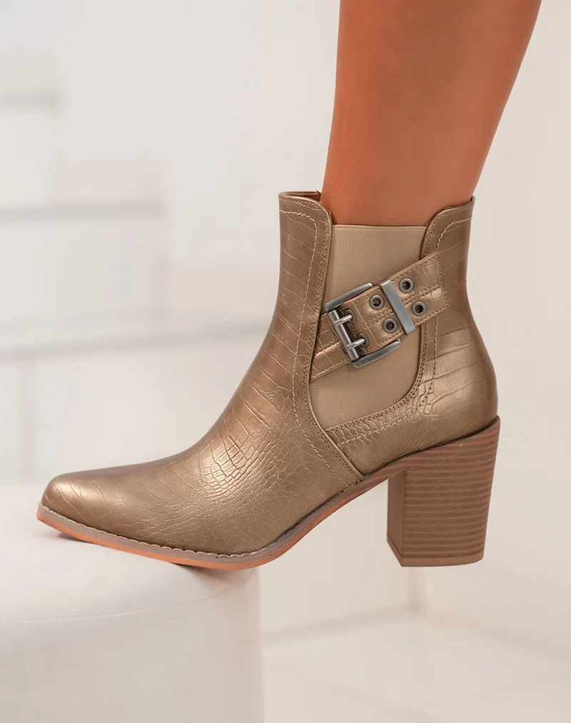 Bottines femme dorées texturées avec talon et sangles argentées