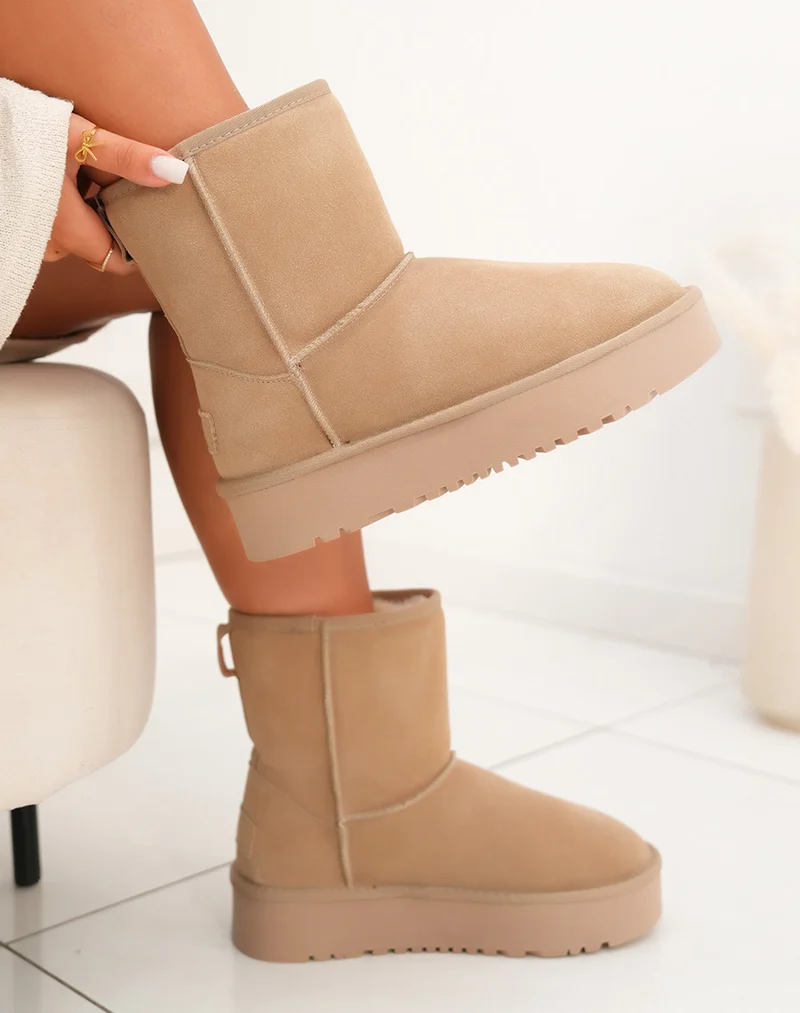 Bottines femme taupe en cuir à plateforme épaisse fourrées et tendance