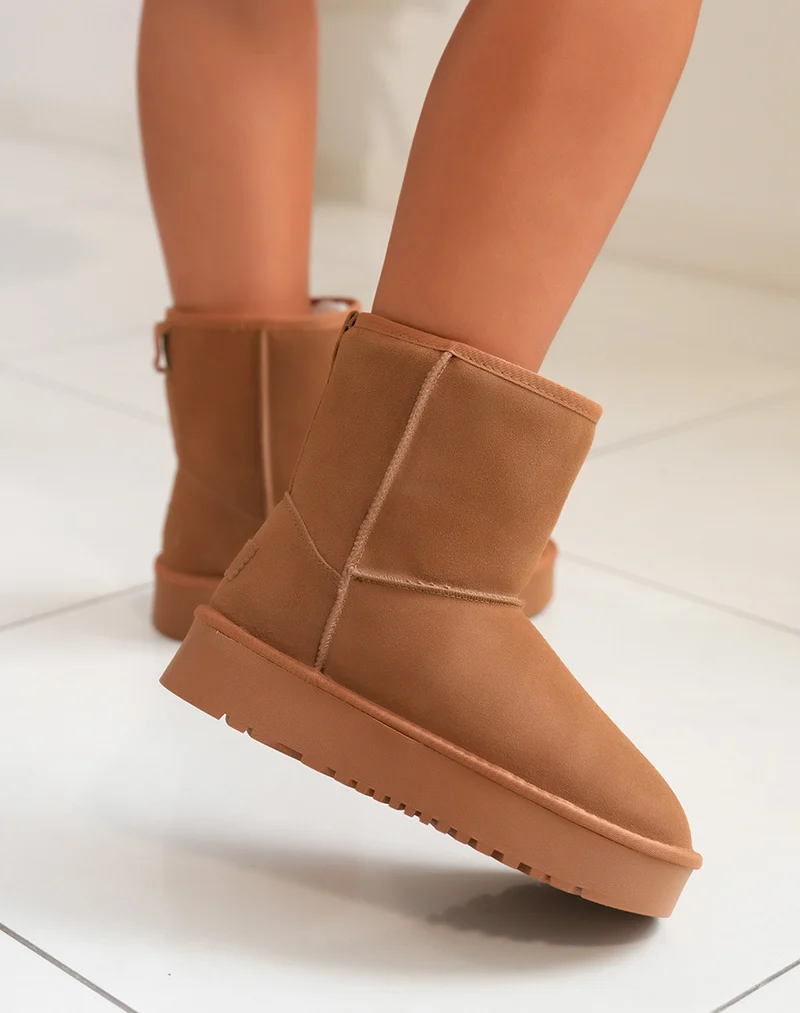 Bottines femme camel en cuir à plateforme épaisse fourrées et tendance